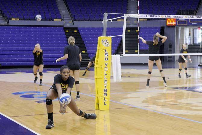 LSU sophomore middle blocker hits the ball at practice Monday, August 25, 2014 in the PMAC.