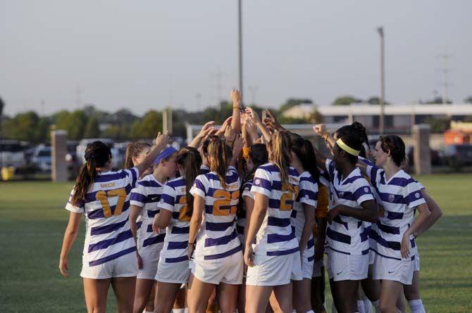 LSU soccer team gets ready to play against Troy on Friday, August 22, 2014 during the Tigers' 2-0 victory in LSU Soccer Stadium.