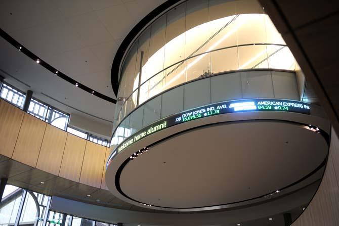 The Business Education Complex's Rotunda displays stock numbers Monday, Nov. 25, 2013.