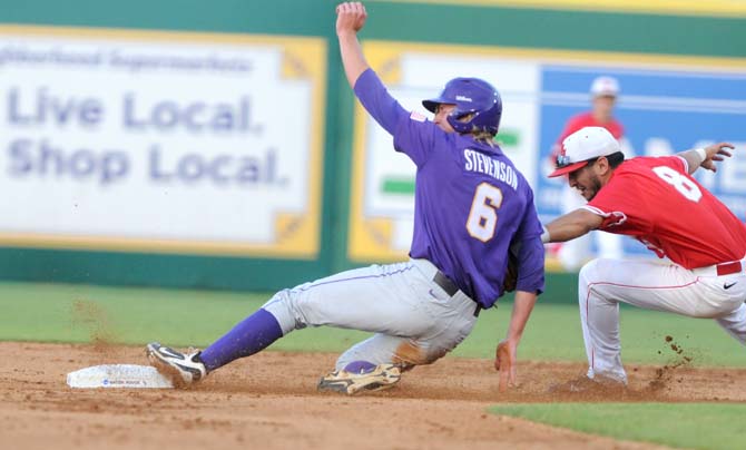 LSU sophomore outfielder Andrew Stevenson (6) slides into second base Saturday, May 31, 2014 during the Tigers' 5-1 victory against Houston in Alex Box Stadium.