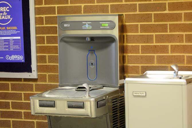 The UREC encourages students to bring their own reusable water bottles when they work out. Pictured is one of the water bottle filling stations they have set up throughout the facility.