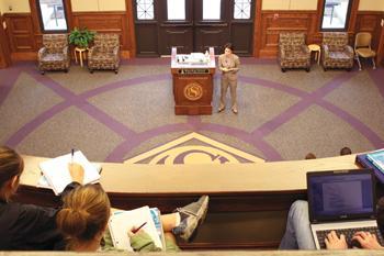 Students take note as Amy Walter, senior editor of The Cook Political Report, speaks Monday afternoon in the Manship Holliday Forum for an audience of students about the nation's political future.