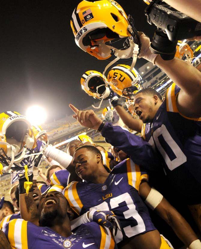 The LSU Tigers celebrate their 31-0 victory against ULM on Saturday, September 13th, 2014.