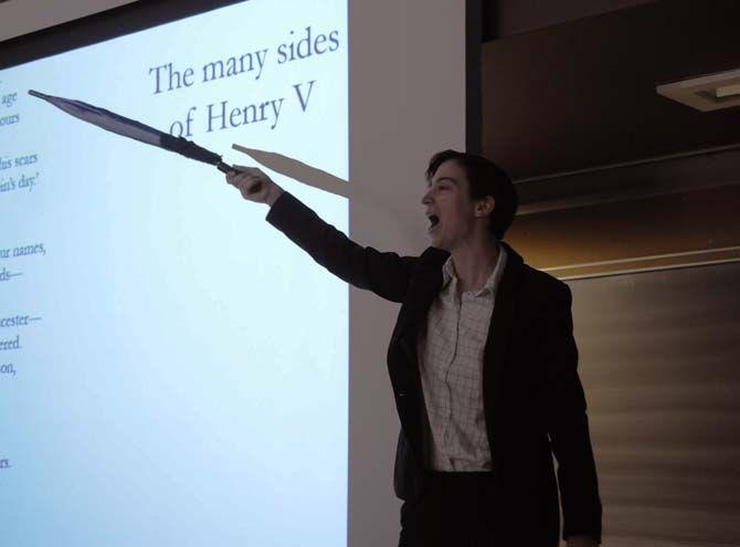 Dr. Barrett talks to the class about Henry the V. She had all the students stand up and participate in the reading on Wednesday, September 17, 2014