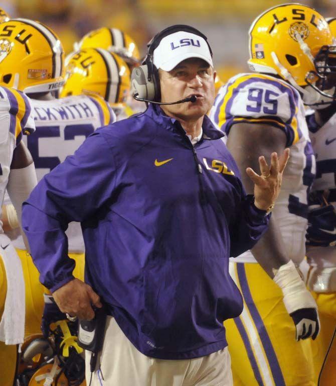 LSU football head coach Les Miles watches as Tigers' lose 34-29 to Mississippi St. in Tiger Stadium Saturday September 20, 2014.