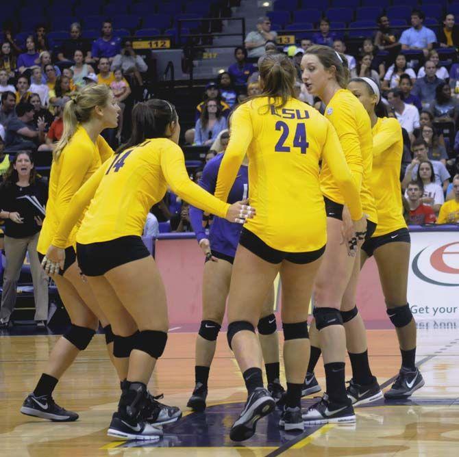 LSU Volleyball team organizes during the loss aginst Kentucky Wednesday, September 24, 2014 in the PMAC.