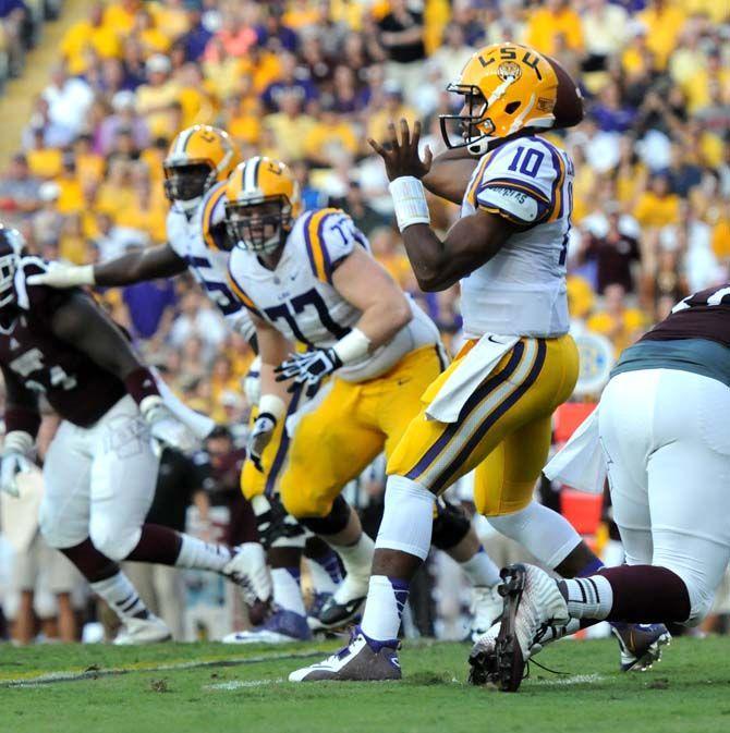 LSU sophmore quarterback Anthony Jennings (10) makes a pass during the game against Mississippi State Saturday September 20, 2014 where LSU lost 34-29 in Tiger Stadium.