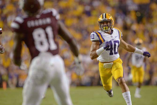 LSU sophomore linebacker receiver Duke Riley (40) runs down the field in Tiger Stadium Saturday, September 20, 2014 in Tigers' defeat 34-29 against Mississippi State University.