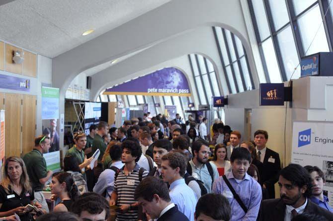 Students crowd the PMAC to explore the variety of career opportunities offered at LSU job fair on Tuesday, September 9, 2014.