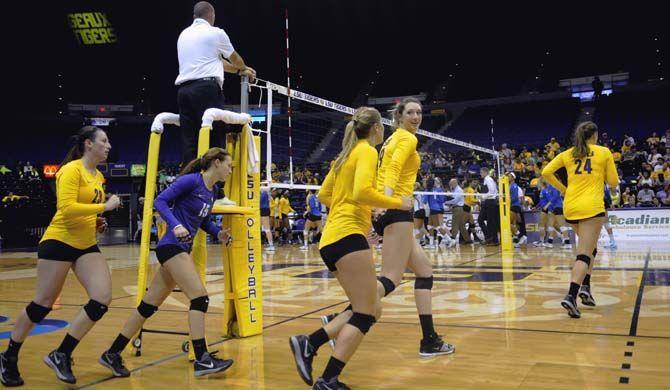 LSU volleyball team swiches courts during the loss aginst Kentucky Wednesday, September 24, 2014 in the PMAC.