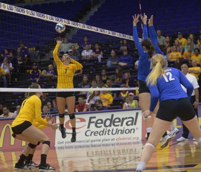 LSU volleyball junior Outside Hitter Katie Lindelow (7) jumps to spike the ball during the loss aginst Kentucky Wednesday, September 24, 2014 in the PMAC.