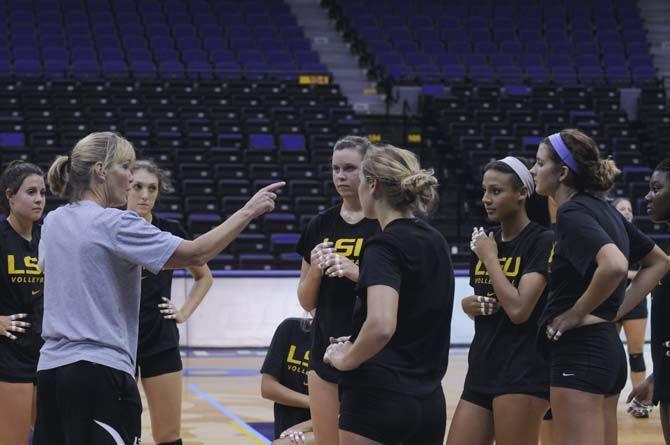 LSU VolleyBall team head coach Fran Flory gives instructions during practice Monday, August 25, 2014 in the PMAC.