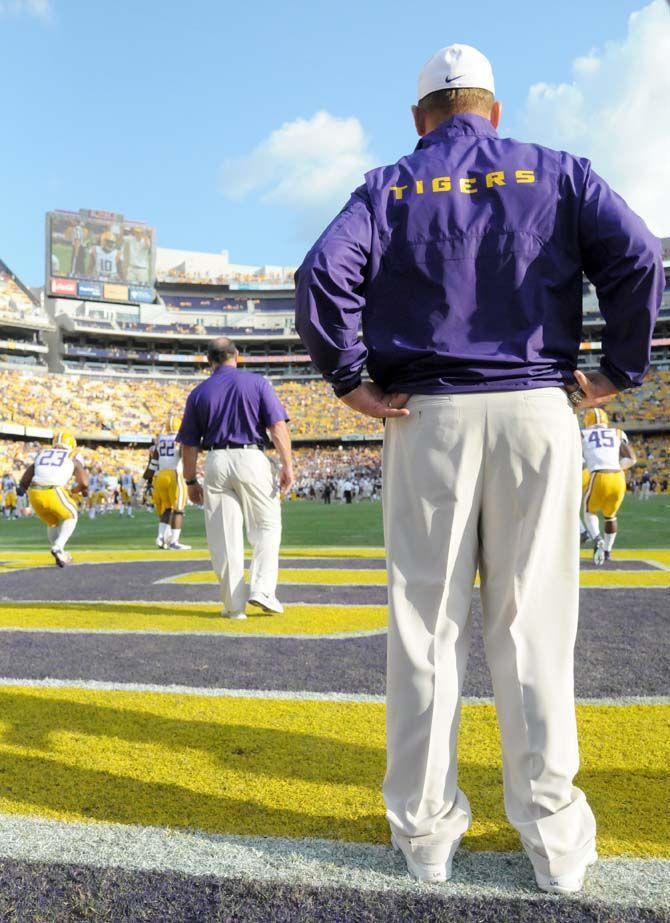 LSU head coach Les Miles looks on as LSU loses 34-29 to Mississippi State in Tiger Stadium Saturday September 20, 2014.