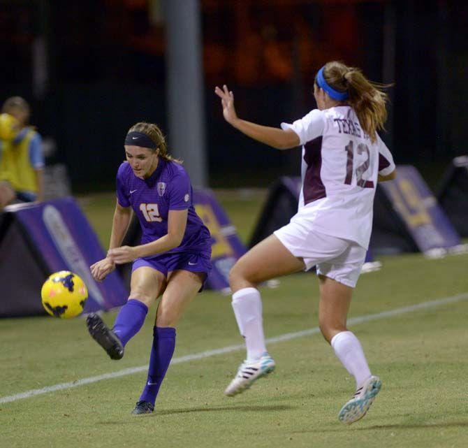 LSU junior midfielder Heather Magee (1) moves the ball up the field Friday at the LSU soccer stadium where LSU lost to Texas A&amp;M 4-1.