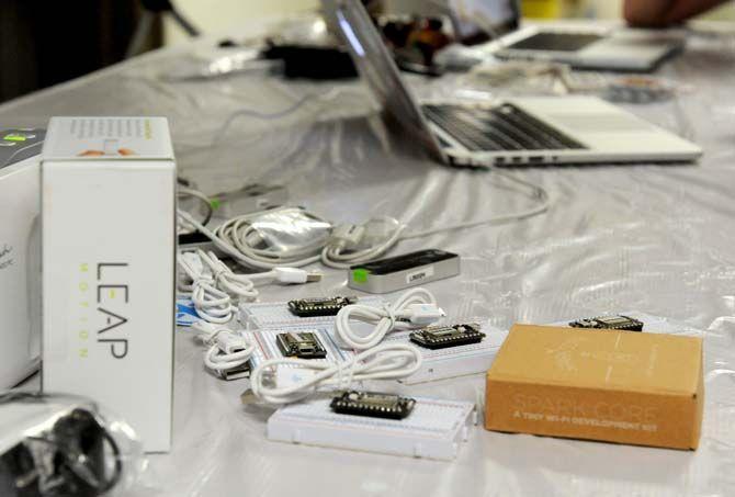 Gear and prizes lay out on tables for participants in LSU's first hackathon GeauxHack.