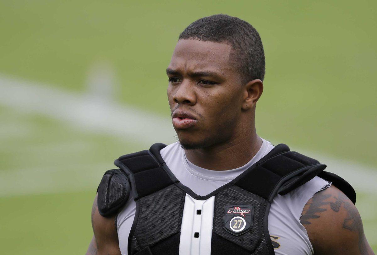 Baltimore Ravens running back Ray Rice walks off the field after a training camp practice, Thursday, July 24, 2014, at the team's practice facility in Owings Mills, Md. (AP Photo)