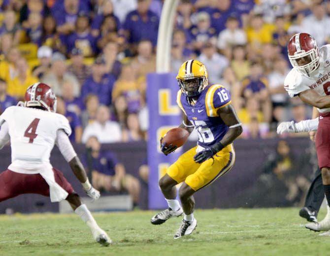 LSU sophomore defensive back Tre'Davious White (16) runs the ball down the field in game against NMSU Saturday, September 27, 2014.