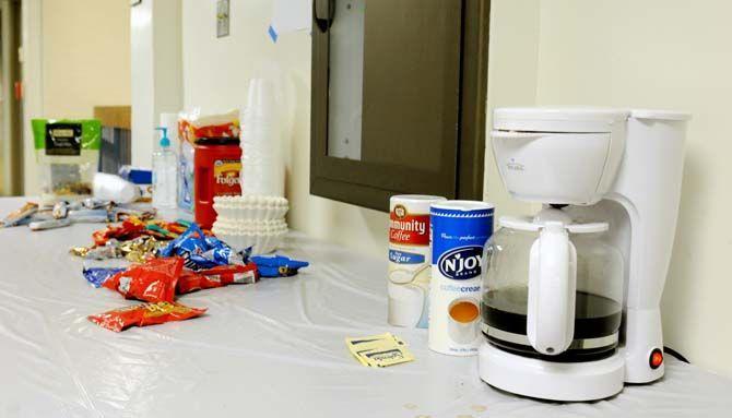 Coffee and a variety of snacks line Coates Hall during LSU's 24 hour hackathon GeauxHack Saturday, August 30, 2014.