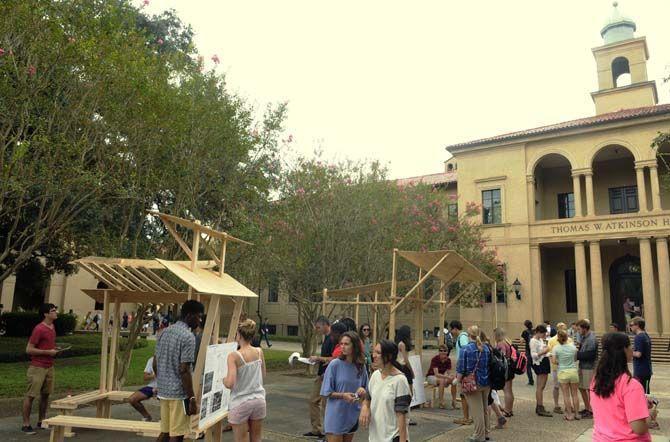 LSU students and professors gather around student built structures Monday, September 8, 2014 in the quad.