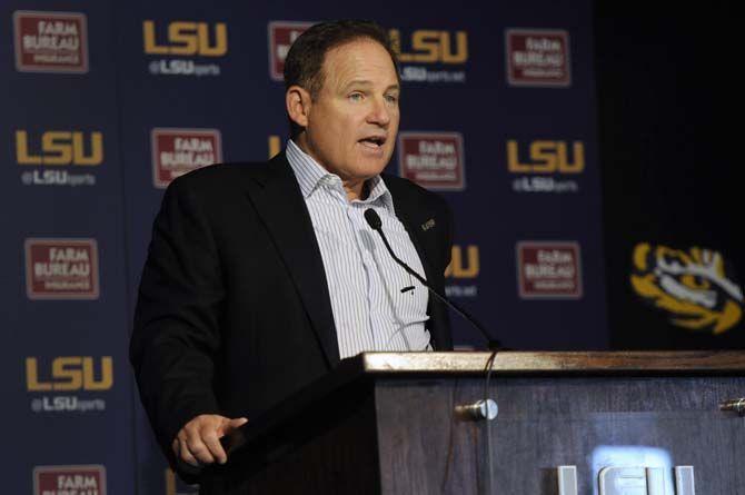 LSU head football coach Les Miles addresses the press at his weekly Lunch with Les event.