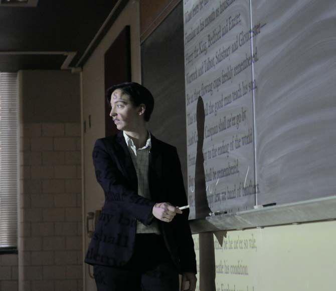 Dr. Barrett talks to the class about Henry the V. She had all the students stand up and participate in the reading on Wednesday, September 17, 2014