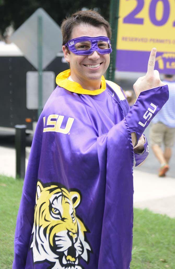 A fan poses in his gameday outfit Saturday, September 13, 2014 before the LSU vs ULM football game in Tiger Stadium.