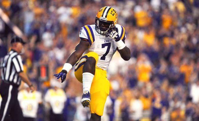 LSU freshman running back Leonard Fournette (7) strikes Heisman pose after scoring a touchdown Saturday, September 6, 2014 during the Tigers' 56-0 win against Sam Houston State in Tiger Stadium.