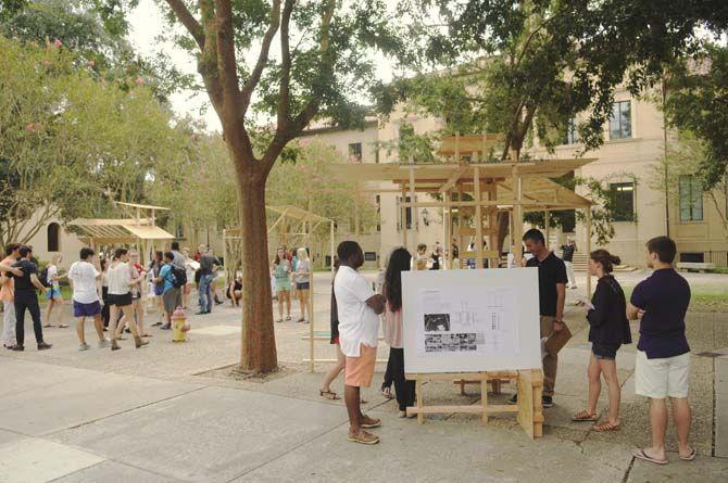 LSU students and professors gather around student built structures Monday, September 8, 2014 in the quad.