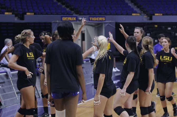 LSU VolleyBall team gets ready for practice Monday, August 25, 2014 in the PMAC.