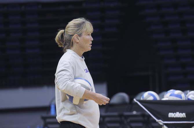 LSU VolleyBall team head coach Fran Flory watches her team practice Monday, August 25, 2014 in the PMAC.