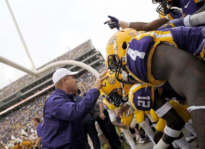 LSU head coach Les Miles prepares his team for the Tigers' 31-0 victory against ULM on Saturday, September 13th, 2014.