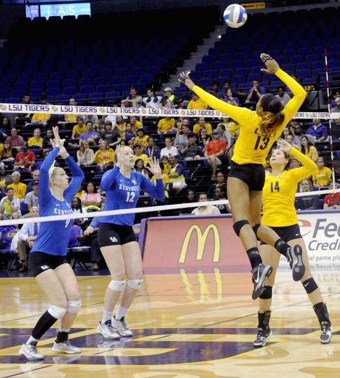 LSU volleyball sophomore Middle Blocker (13) jumps to spike the ball during the loss aginst Kentucky Wednesday, September 24, 2014 in the PMAC.