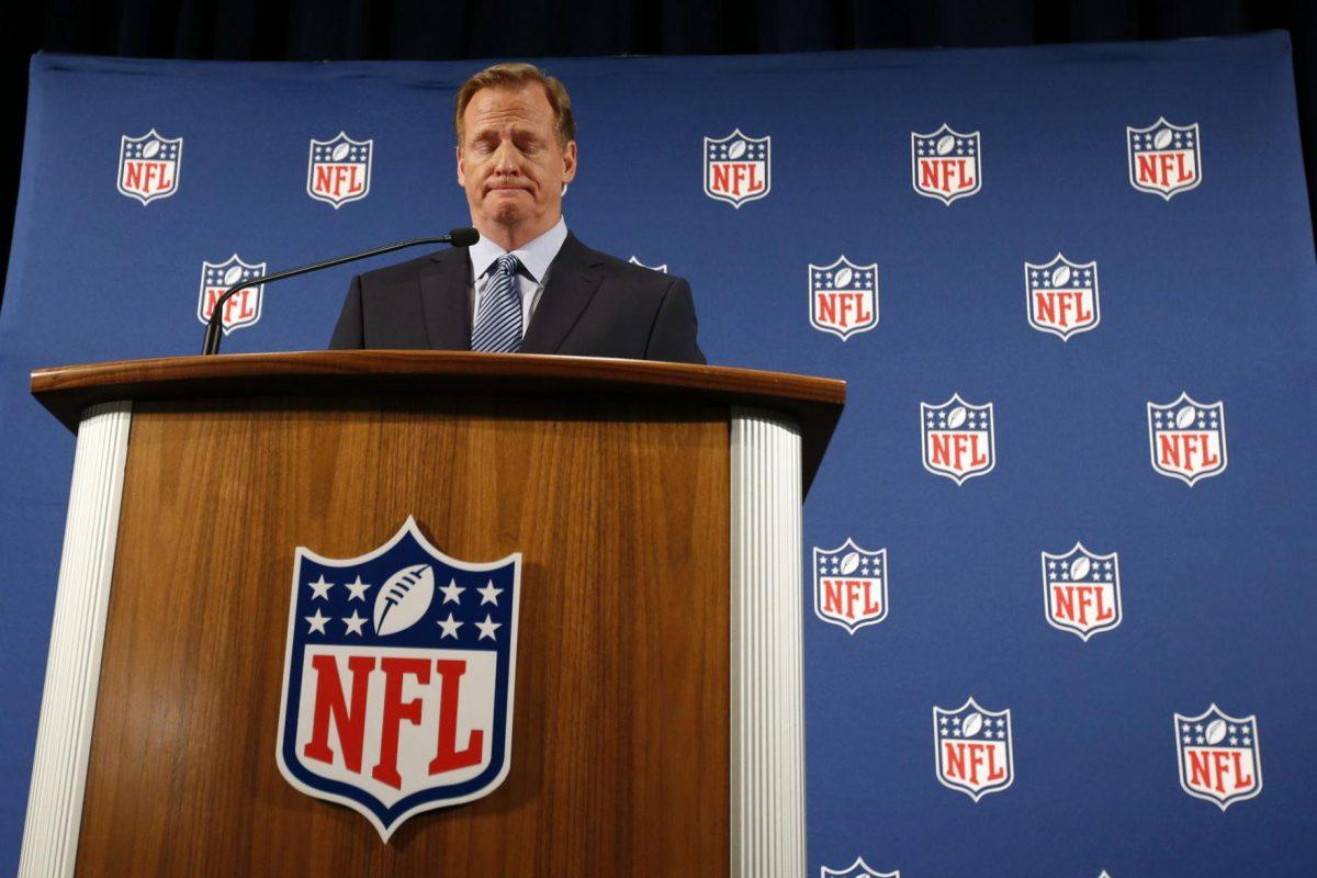 NFL Commissioner Roger Goodell pauses as he speaks during a news conference Friday, Sept. 19, 2014, in New York. Goodell says the NFL wants to implement new personal conduct policies by the Super Bowl. The league has faced increasing criticism that it has not acted quickly or emphatically enough concerning the domestic abuse cases. The commissioner reiterated that he botched the handling of the Ray Rice case. (AP Photo/Jason DeCrow)