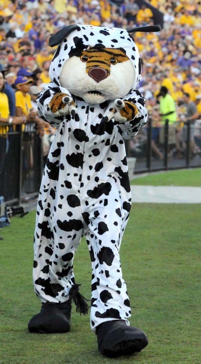 LSU's Mike the Tiger dresses up as a dalmation during the game against Mississippi State in Tiger Stadium Saturday September 20, 2014 where LSU lost 34-29.