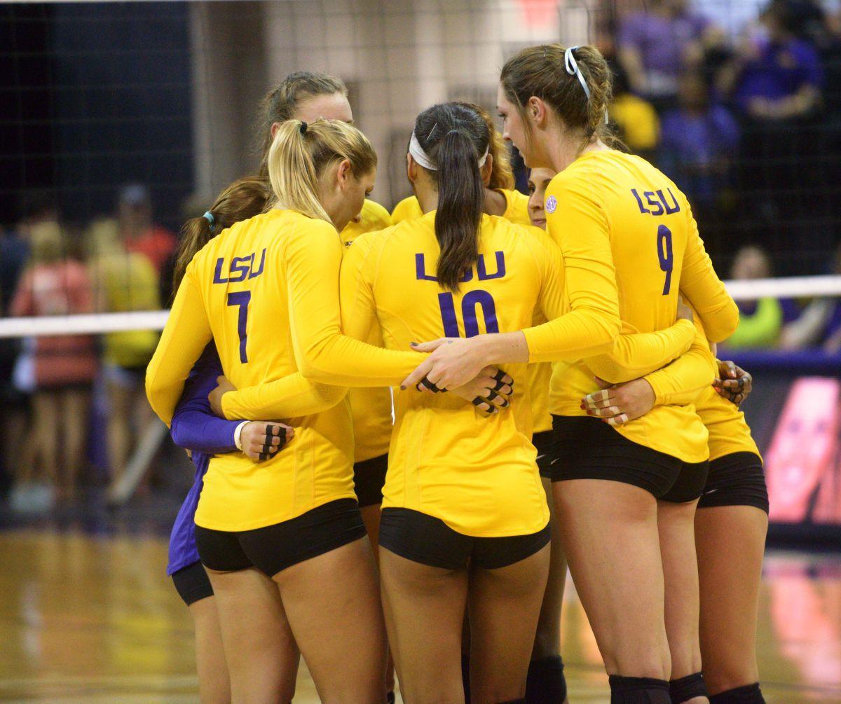 LSU Volleyball team huddle during the loss aginst Kentucky Wednesday, September 24, 2014 in the PMAC.