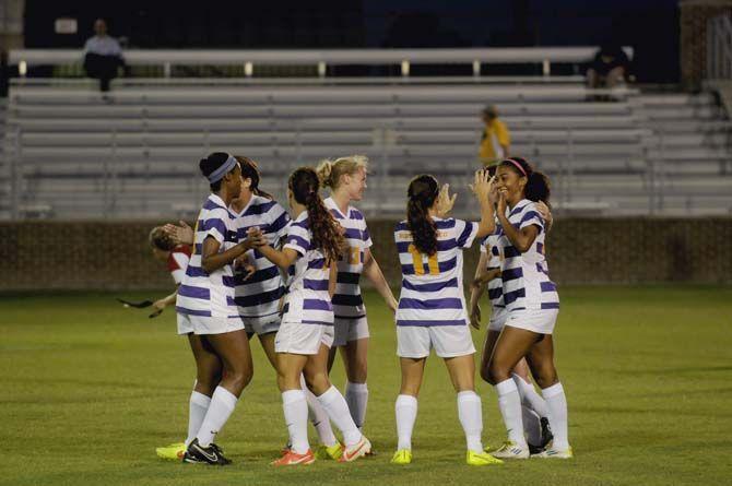 LSU soccer players celebrate junior midfielder Maria Fernanda Pi&#241;a (7) goal during the Tigers' victory against Nicholls Tuesday, September 2, 2014 in LSU Soccer Stadium.