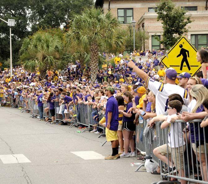 Tiger fans wait to see the team and band walk down the hill before the game on Saturday, September 13th, 2014.