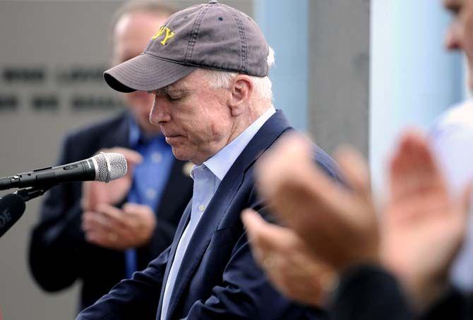 Former presidential candidate John McCain speaks in support of Bill Cassidy at a veterans rally at the USS Kidd Veterans Museum on Monday.