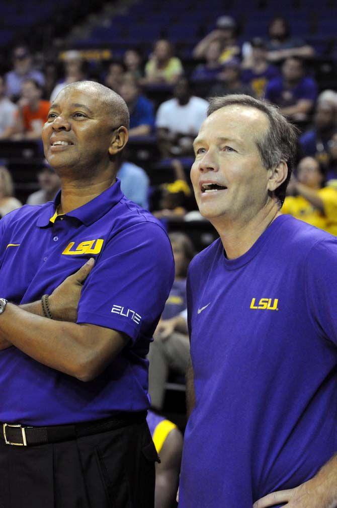 LSU President F. King Alexander watches on with men's basketball head coach, Johnny Jones, at the Basketball Bayou Madness in the PMAC friday, October 17.