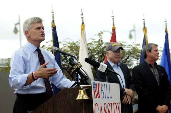 Bill Cassidy addresses veterans during a rally at the USS Kidd Veterans Museum Monday.