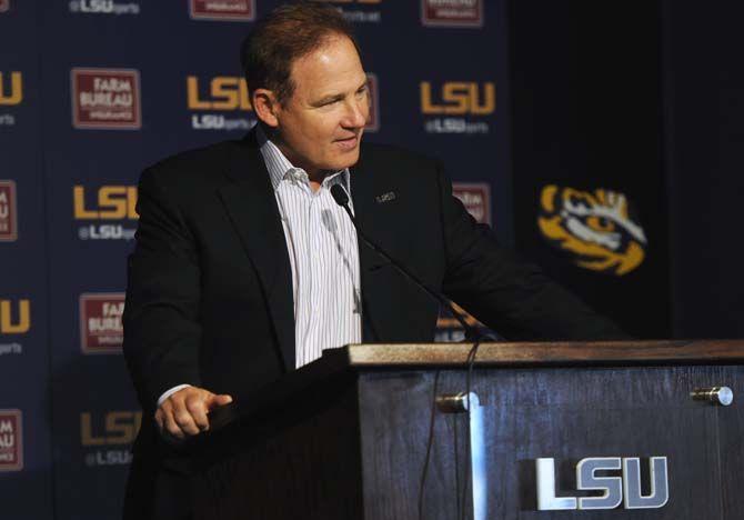 LSU head football coach Les Miles addresses the press at his weekly Lunch with Les event.