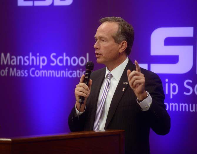 LSU system President F. King Alexander greats the media for the Bill Cassidy, Rob Maness and Mary Landrieu face off in the last US senate candidate debate Wednesday October 29, 2014 in the Holliday Forum.