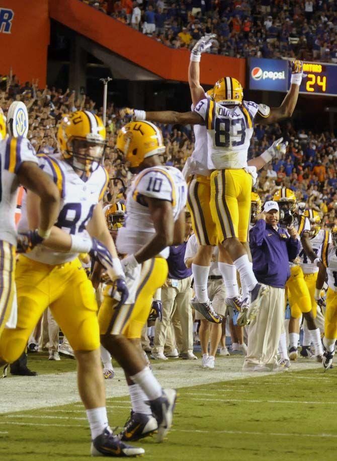 LSU sophomore wide receiver Travin Dural (83) celebrates a touchdown Saturday, October 11, 2014 during the Tigers' 30-27 victory in Ben Hill Griffin Stadium.