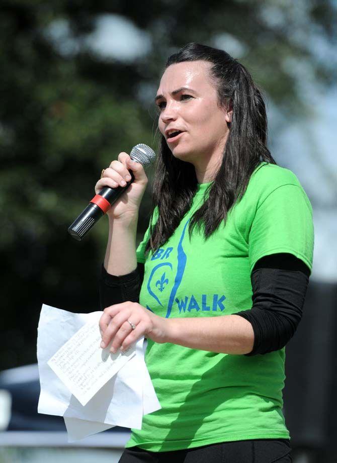 Event organizer, Dani Crockett, shares her personal story of recovery at the National Eating Disorder Association (NEDA) walk that occured at the Riverfront Plaza on October 11, 2014.