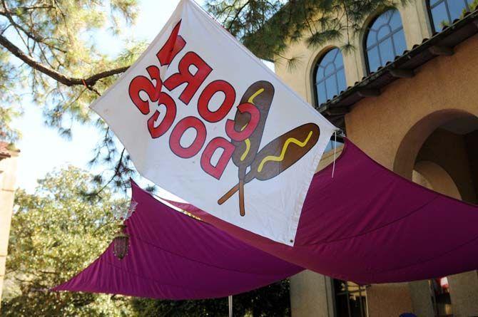 A corndog banner hangs at someone's tailgate on LSU campus Saturday, October 25, 2014.