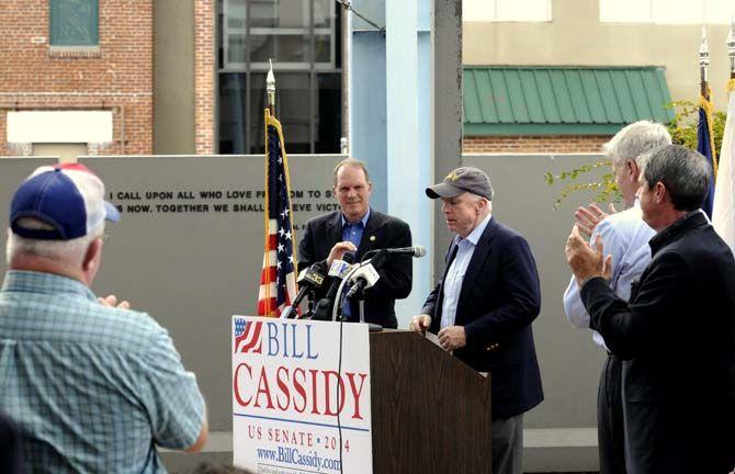 Former presidential candidate John McCain speaks in support of Bill Cassidy at a veterans rally at the USS Kidd Veterans Museum on Monday.