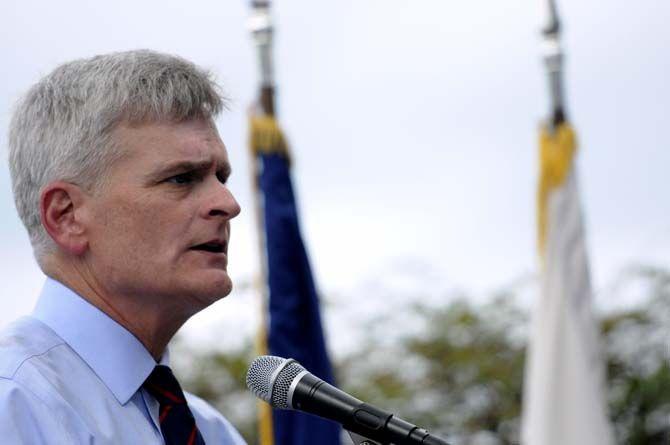 Bill Cassidy addresses veterans during a rally at the USS Kidd Veterans Museum Monday.