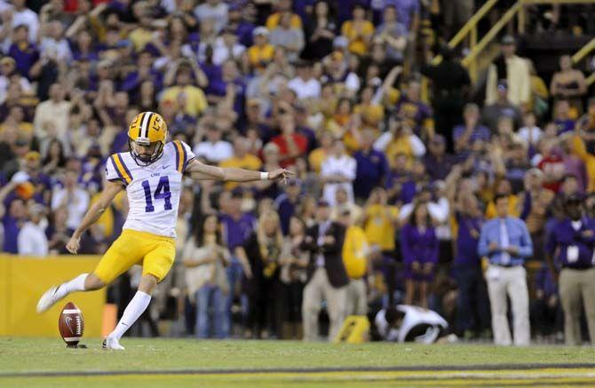 LSU sophomore punt kicker, Trent Domingue, kicks the ball in Tiger Stadium Saturday, October 25, 2014 where LSU won 10-7 against Ole Miss.