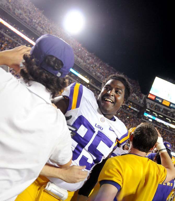 LSU junior defensive line, Quentin Thomas (95), celebrates a 10-7 win against Ole Miss in Tiger Stadium Saturday, October 25, 2014.