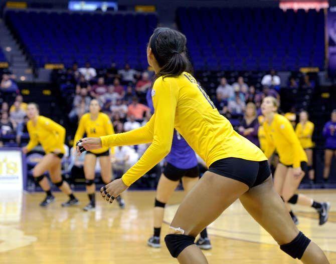 LSU freshman outside hitter Mimi Eugene (10) prepares to spike the ball during the game against Mississippi State Wednesday in the PMAC where LSU won 3-0.